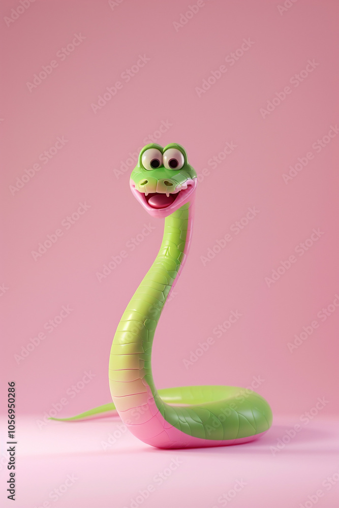 Fototapeta premium Illustration, pink and green snake, with a contented expression. The background of the illustration on the ID card is pink, with a semi-lateral composition. It's a fu picture in the year of the snake.