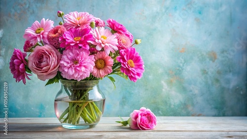 A vibrant and colorful bouquet of pink flowers arranged in a delicate glass vase, floral decor, glass vase