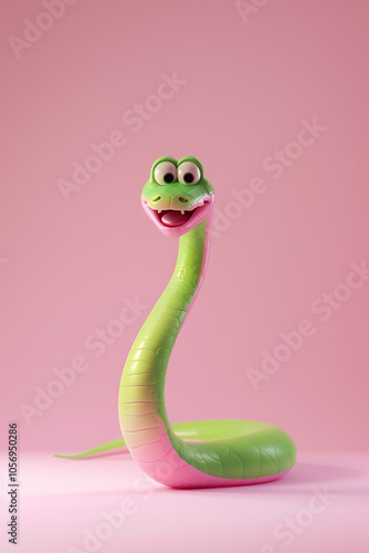 Illustration, pink and green snake, with a contented expression. The background of the illustration on the ID card is pink, with a semi-lateral composition. It's a fu picture in the year of the snake.