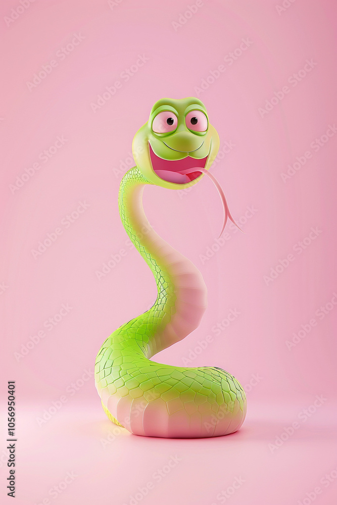 Illustration, pink and green snake, with a contented expression. The background of the illustration on the ID card is pink, with a semi-lateral composition. It's a fu picture in the year of the snake. Illustration, pink and green snake, with a contented expression. The background of the illustration on the ID card is pink, with a semi-lateral composition. It's a fu picture in the year of the snake.