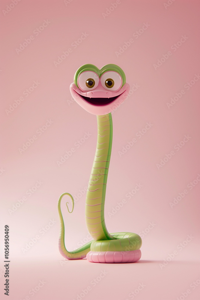 Illustration, pink and green snake, with a contented expression. The background of the illustration on the ID card is pink, with a semi-lateral composition. It's a fu picture in the year of the snake. Illustration, pink and green snake, with a contented expression. The background of the illustration on the ID card is pink, with a semi-lateral composition. It's a fu picture in the year of the snake.