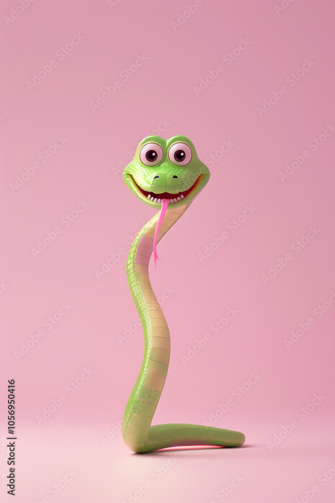 Illustration, pink and green snake, with a contented expression. The background of the illustration on the ID card is pink, with a semi-lateral composition. It's a fu picture in the year of the snake. Illustration, pink and green snake, with a contented expression. The background of the illustration on the ID card is pink, with a semi-lateral composition. It's a fu picture in the year of the snake.