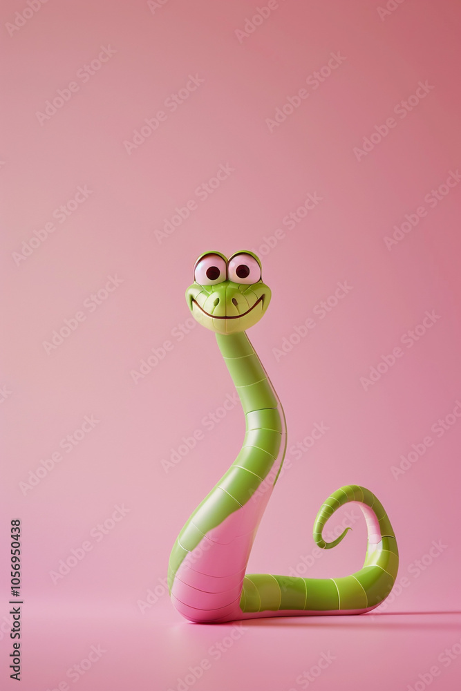 Fototapeta premium Illustration, pink and green snake, with a contented expression. The background of the illustration on the ID card is pink, with a semi-lateral composition. It's a fu picture in the year of the snake.