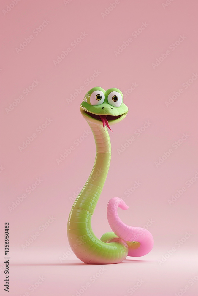 Fototapeta premium Illustration, pink and green snake, with a contented expression. The background of the illustration on the ID card is pink, with a semi-lateral composition. It's a fu picture in the year of the snake.