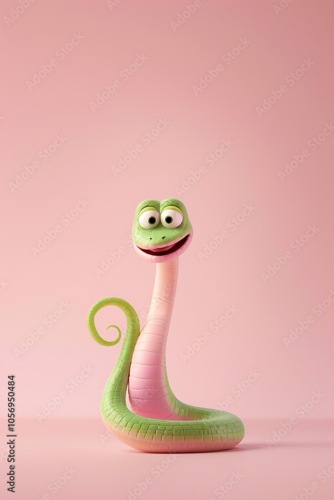 Fototapeta premium Illustration, pink and green snake, with a contented expression. The background of the illustration on the ID card is pink, with a semi-lateral composition. It's a fu picture in the year of the snake.