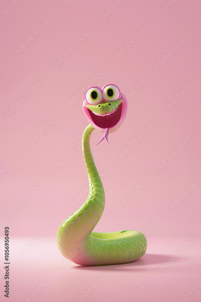 Illustration, pink and green snake, with a contented expression. The background of the illustration on the ID card is pink, with a semi-lateral composition. It's a fu picture in the year of the snake. Illustration, pink and green snake, with a contented expression. The background of the illustration on the ID card is pink, with a semi-lateral composition. It's a fu picture in the year of the snake.