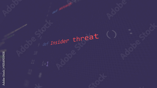 Cyber attack insider threat text in foreground screen, hands of a anonymous hacker on a led keyboard. Vulnerability text in informatic system style, code on editor screen.,English language.