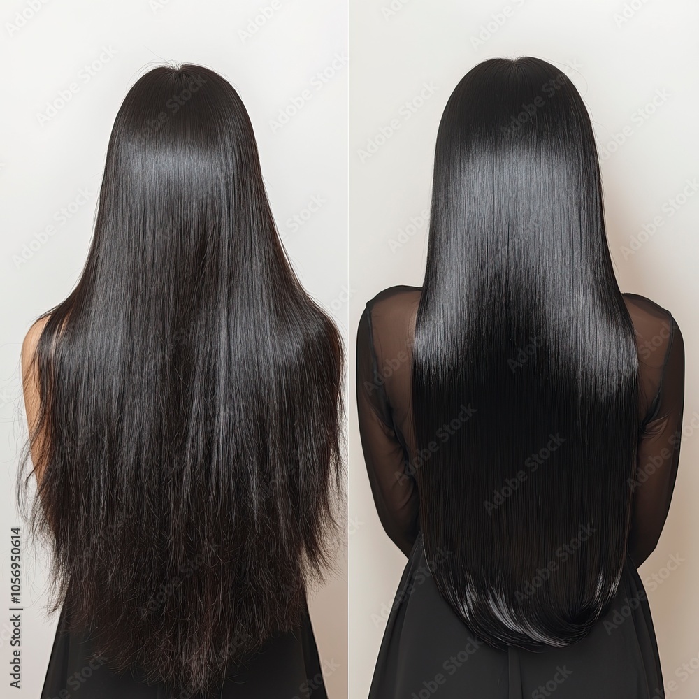 In the photo, there is one model with long-length black hair seen from the back. One side shows her hair frizzy and lacking shine because she hasn’t had a straight perm yet. generative ai In the photo, there is one model with long-length black hair seen from the back. One side shows her hair frizzy and lacking shine because she hasn’t had a straight perm yet. generative ai