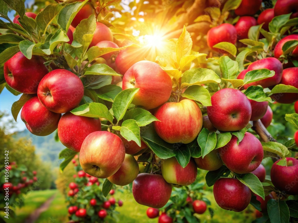 Vibrant Apple Tree with Lush Green Leaves and Varied Red Shades Vibrant Apple Tree with Lush Green Leaves and Varied Red Shades