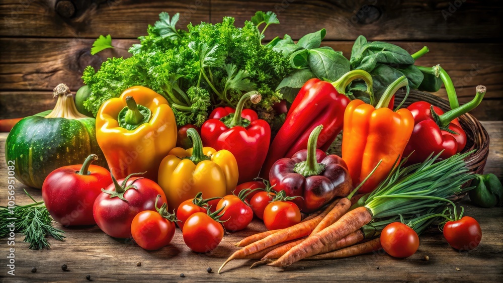 Vibrant Arrangement of Fresh Vegetables on Rustic Wooden Table - Colorful Peppers, Tomatoes, Carrots, and More for Healthy Eating Inspiration in Food Photography Vibrant Arrangement of Fresh Vegetables on Rustic Wooden Table - Colorful Peppers, Tomatoes, Carrots, and More for Healthy Eating Inspiration in Food Photography