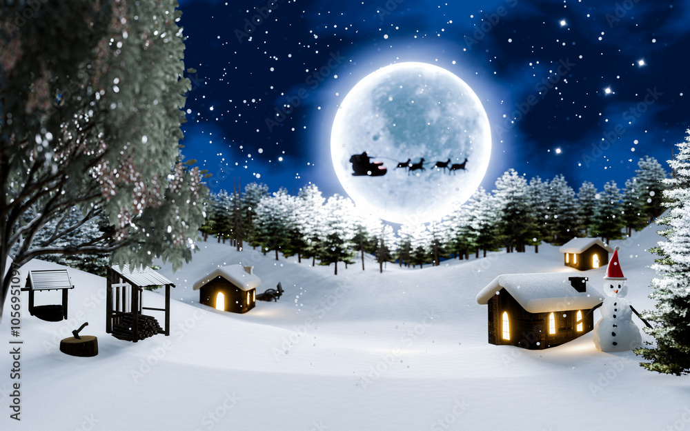 Fototapeta premium Christmas Eve, Santa Claus gives gifts in the sky with a bright blue Super Full moon on a snowy night. Village in the middle of a pine forest on a mountain, high in snow. 3D Rendering
