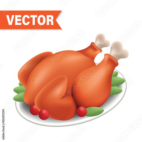 Roast turkey 3d cartoon vector on white background for thanksgiving