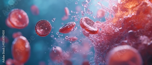 Illustrate detailed platelets (thrombocytes) floating in the bloodstream, capturing their unique shape and function within the body's circulatory system, ideal for educational and medical visuals. 
