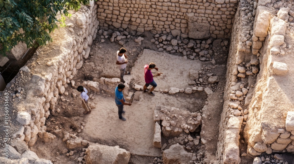 Four archaeologists excavate ancient ruins, uncovering history in stone foundations under a clear blue sky. Four archaeologists excavate ancient ruins, uncovering history in stone foundations under a clear blue sky.