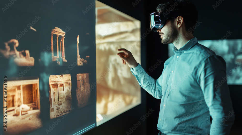 A museum visitor exploring historical artifacts enhanced with AR displays, showing virtual reconstructions of ancient structures and objects A museum visitor exploring historical artifacts enhanced with AR displays, showing virtual reconstructions of ancient structures and objects