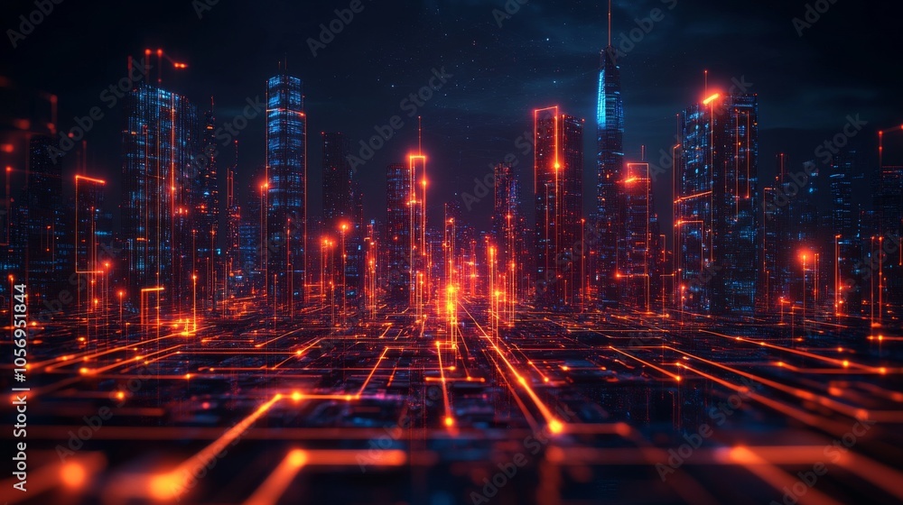 Futuristic Cityscape with Illuminated Network of Connections Futuristic Cityscape with Illuminated Network of Connections