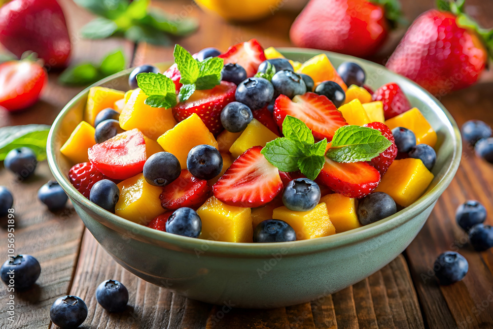A vibrant bowl of mixed fresh fruits, including strawberries, blueberries, and mango, garnished with mint leaves on a rustic wooden table. A vibrant bowl of mixed fresh fruits, including strawberries, blueberries, and mango, garnished with mint leaves on a rustic wooden table.