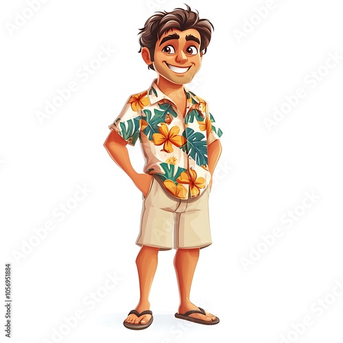 Cartoon guy in a Hawaiian shirt and shorts on a white background.