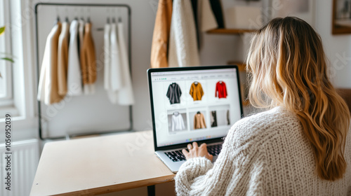 a young woman clothing designer is using laptop sitting in the confort of her home studio