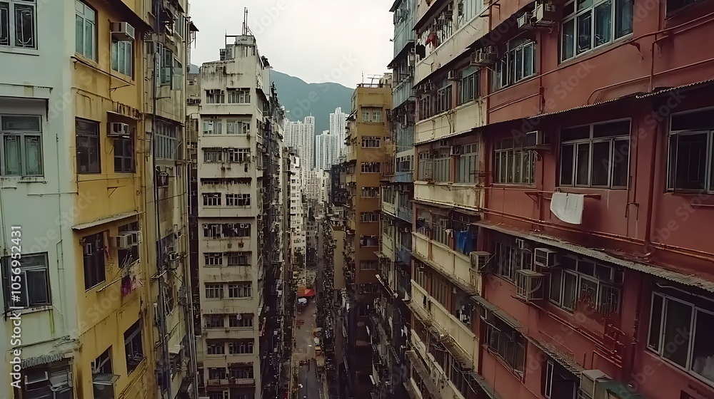 A narrow street lined with tall, densely packed residential buildings in an urban setting. A narrow street lined with tall, densely packed residential buildings in an urban setting.