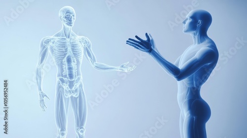 Futuristic interaction between a human and a holographic skeleton, showcasing anatomy and technology in a minimalistic design. photo