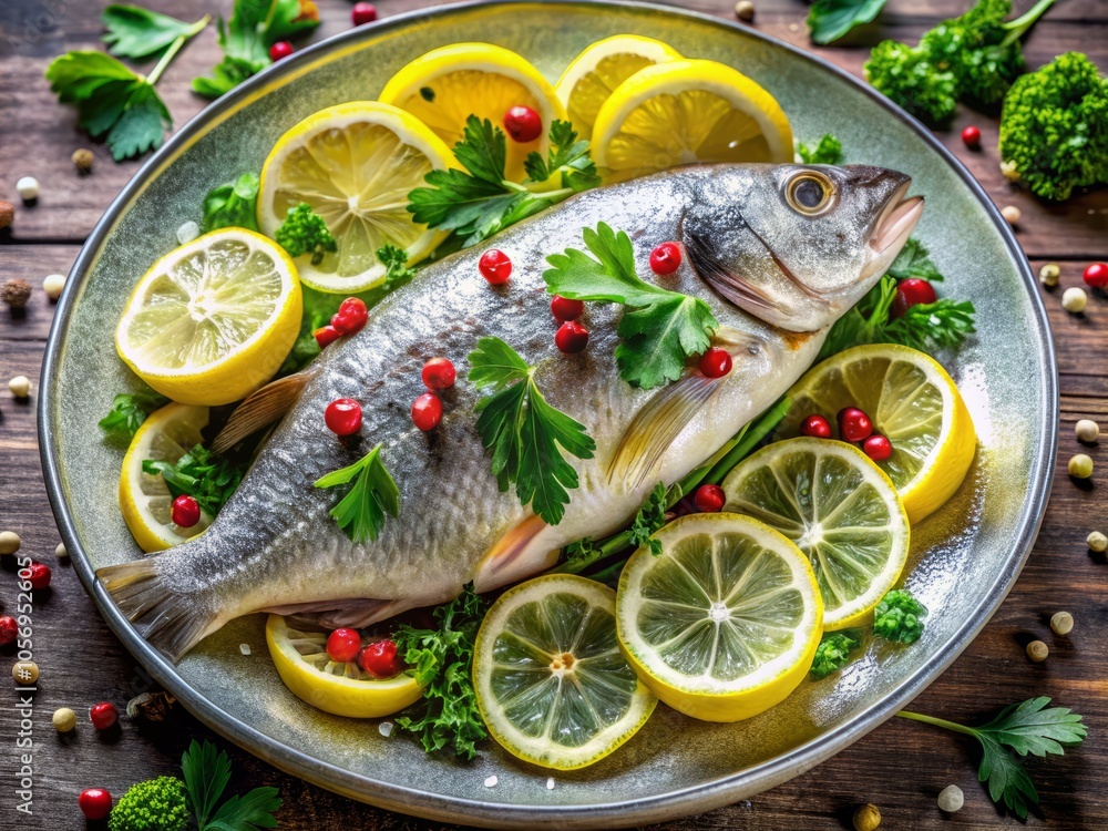 A delectable fish plate adorned with vibrant parsley and zesty lemon slices, embodying the artistry of culinary skills, ideal for chefs and food enthusiasts alike. A delectable fish plate adorned with vibrant parsley and zesty lemon slices, embodying the artistry of culinary skills, ideal for chefs and food enthusiasts alike.