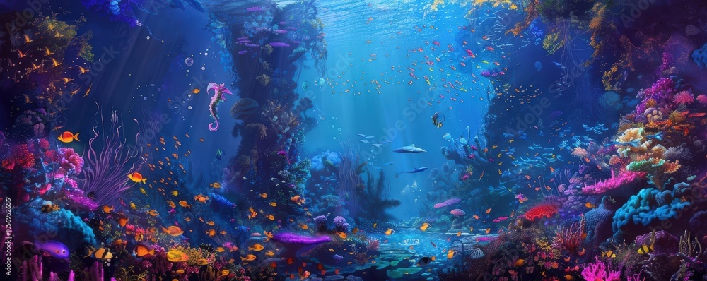 Fototapeta premium Craft a whimsical underwater world with intricate coral reefs and bioluminescent creatures
