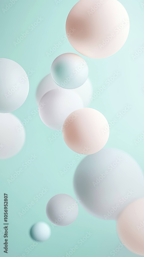 Floating pastel spheres create serene and minimalistic atmosphere, enhancing elegance of composition. soft colors blend harmoniously against light background Floating pastel spheres create serene and minimalistic atmosphere, enhancing elegance of composition. soft colors blend harmoniously against light background