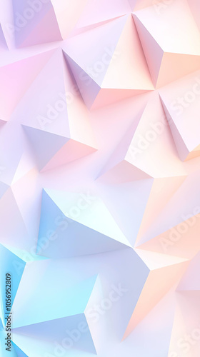 Soft pastel triangles create serene 3D minimal composition, blending gentle hues of pink and blue. This abstract design evokes calming and modern aesthetic