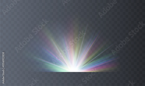 Crystalline effect of a bright flickering flash of light on a transparent background with rays and highlights. Crystal explosion.  Glowing bright light explosion effect. Vector illustration. Lens