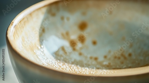 A macro photograph of the bowl's ceramic surface, focusing on the small specks and glaze imperfections, with the rest of the bowl softly blurred.