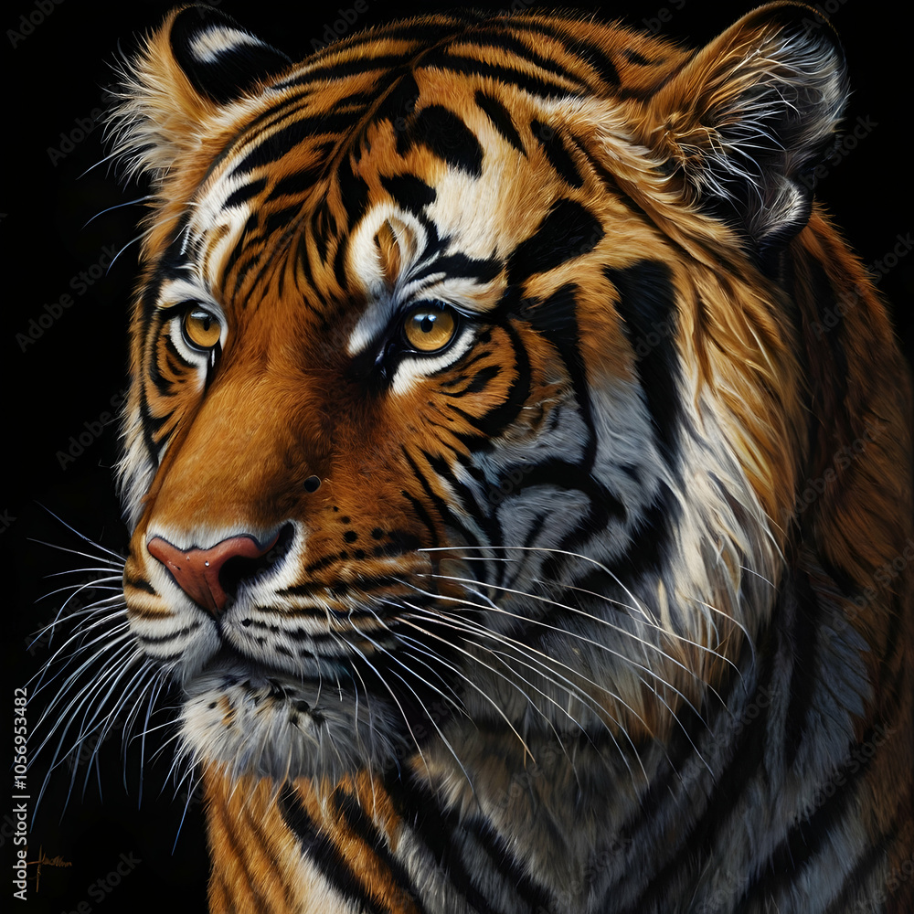 Fototapeta premium A hyper-detailed charcoal drawing capturing a close-up of a tigers face set against a deep black background. Its fierce golden eyes, shaded with precision, appear to glow, conveying an intense inner f