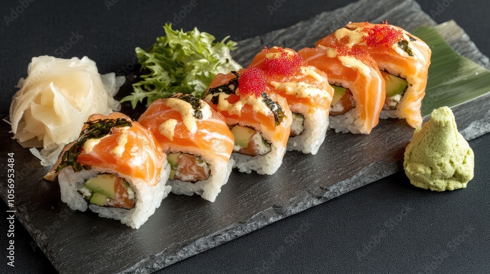 Fresh Salmon Sushi Rolls on Slate Plate Fresh Salmon Sushi Rolls on Slate Plate