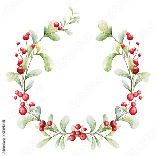 Christmas watercolor with berries wreath