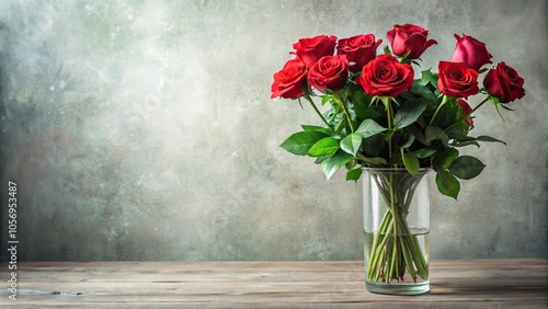 Long-stemmed roses in a vase with greenery, flower arrangement, romantic flowers, long stem, elegant arrangements photo