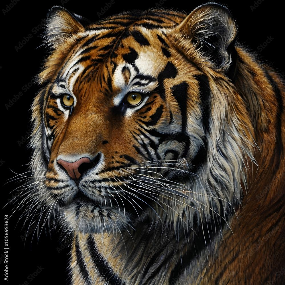 Fototapeta premium A hyper-detailed charcoal drawing capturing a close-up of a tigers face set against a deep black background. Its fierce golden eyes, shaded with precision, appear to glow, conveying an intense inner f