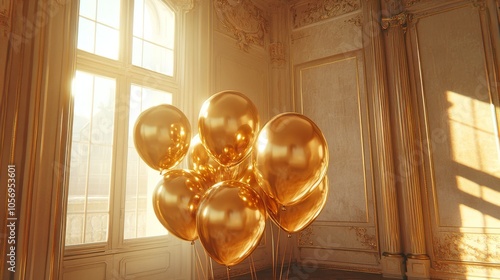 Gold Balloons in a Luxurious Room with Sunlight photo