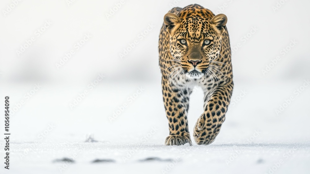 Obraz premium a stunning golden leopard with delicate bronze spots walks elegantly on frost-covered ground, its curious gaze isolated on a pristine white backdrop, creating a sharp, clean image.