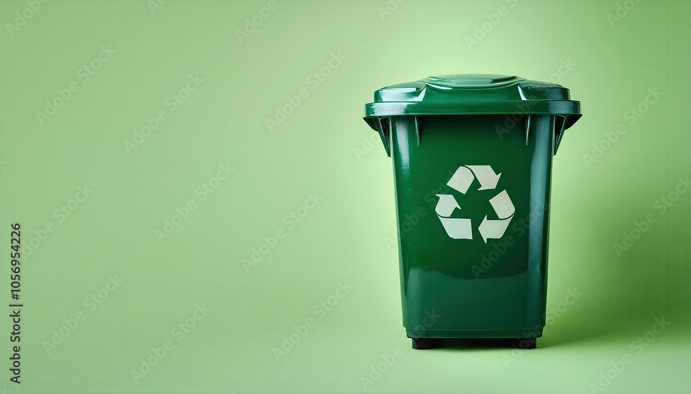 Green Recycling bin isolated on pale green background eco trash can with copy space Green Recycling bin isolated on pale green background eco trash can with copy space