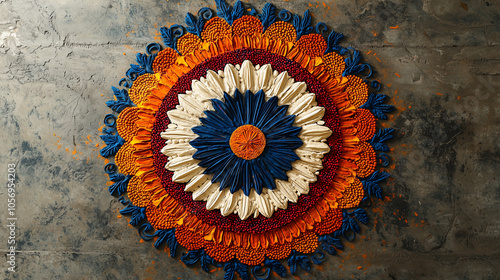 a vibrant and intricate Rangoli design, which is a traditional Indian art form created using colored powders photo