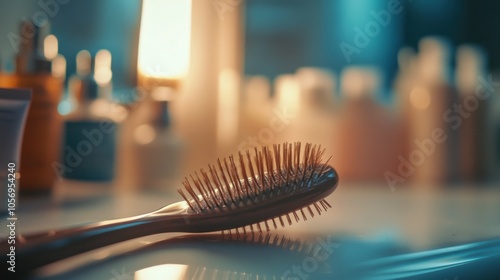 A low-angle view of a hairbrush lying on its side, with the handle extending outwards. The background is softly blurred with vanity items.