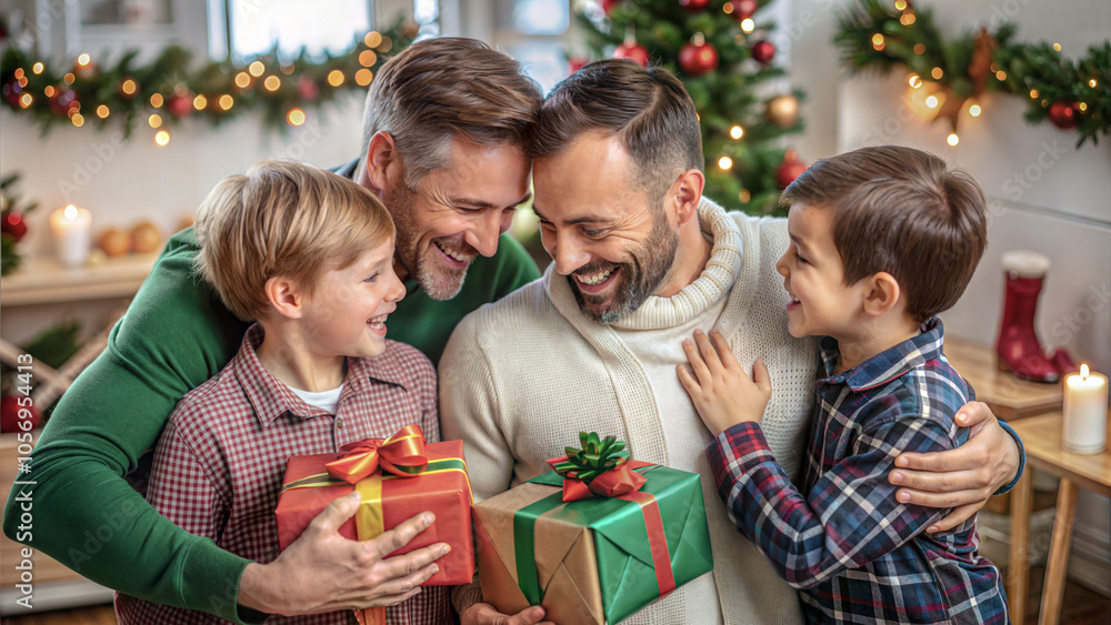 Gay white couple families with children hug each other at home to celebrate the holidays holly Christmas colorful party gift boxes. Happy holly Christmas lgbtq day concept. Gay white couple families with children hug each other at home to celebrate the holidays holly Christmas colorful party gift boxes. Happy holly Christmas lgbtq day concept.