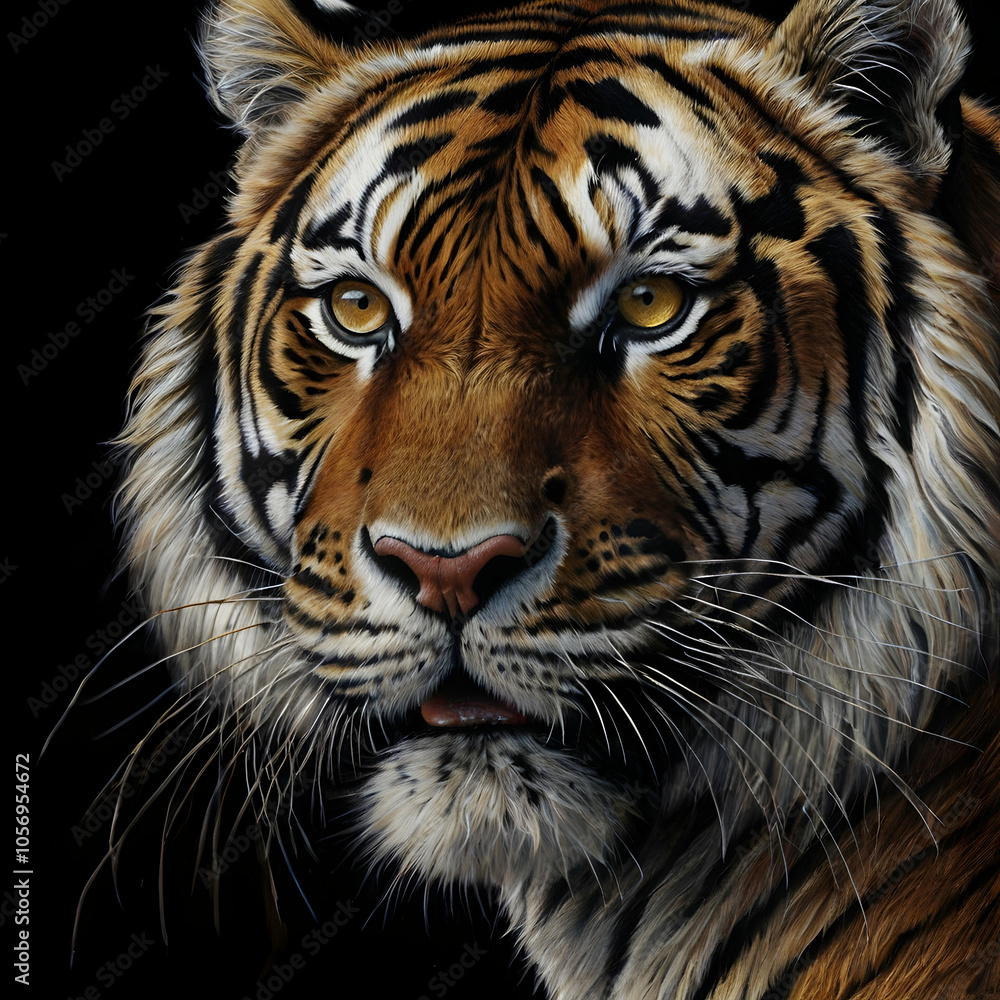 A hyper-detailed charcoal drawing capturing a close-up of a tigers face set against a deep black background. Its fierce golden eyes, shaded with precision, appear to glow, conveying an intense inner f A hyper-detailed charcoal drawing capturing a close-up of a tigers face set against a deep black background. Its fierce golden eyes, shaded with precision, appear to glow, conveying an intense inner f