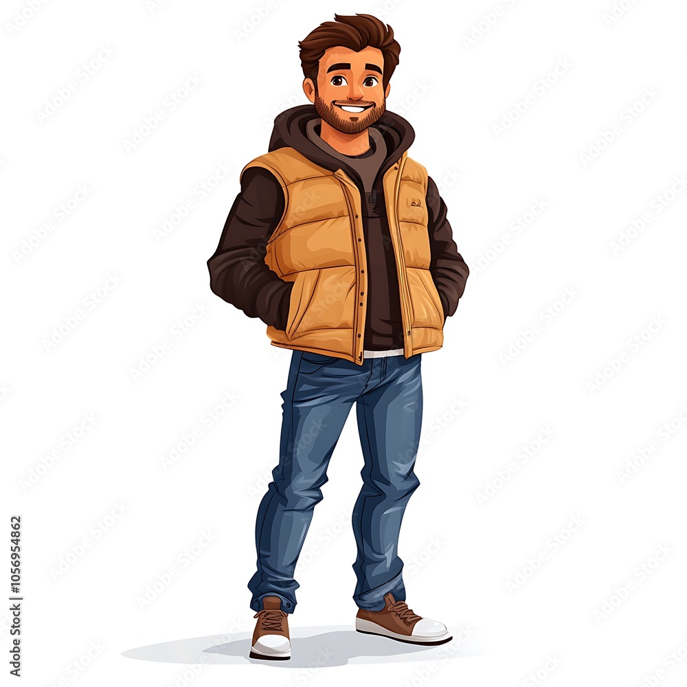 Fototapeta premium Cartoon guy in a stylish puffer vest and jeans on a white background.
