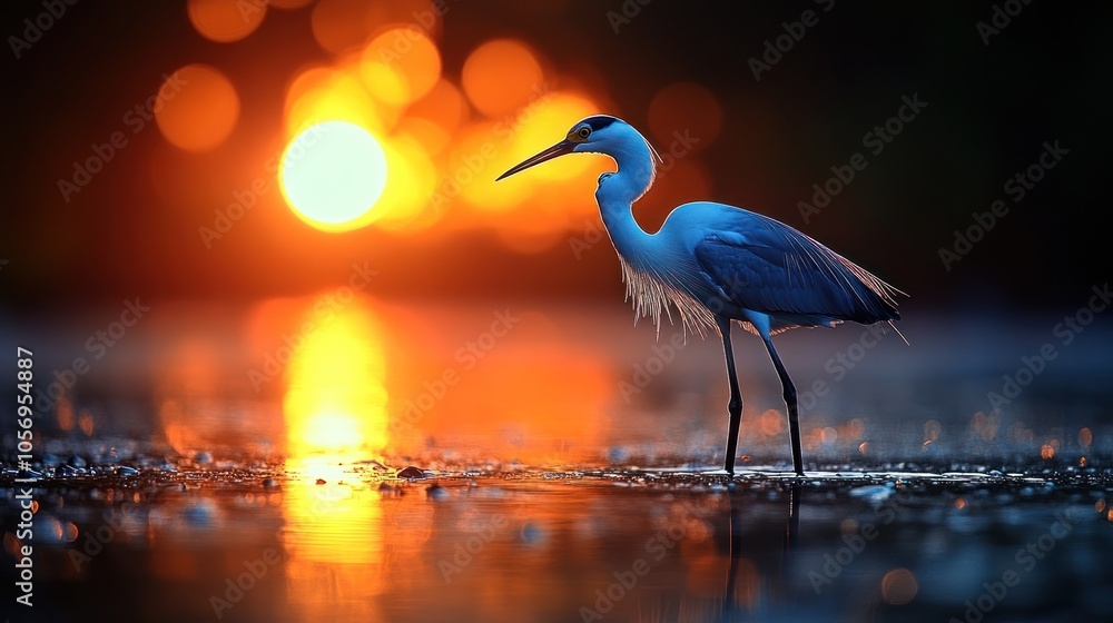 Naklejka premium A heron stands gracefully by the water at sunset.