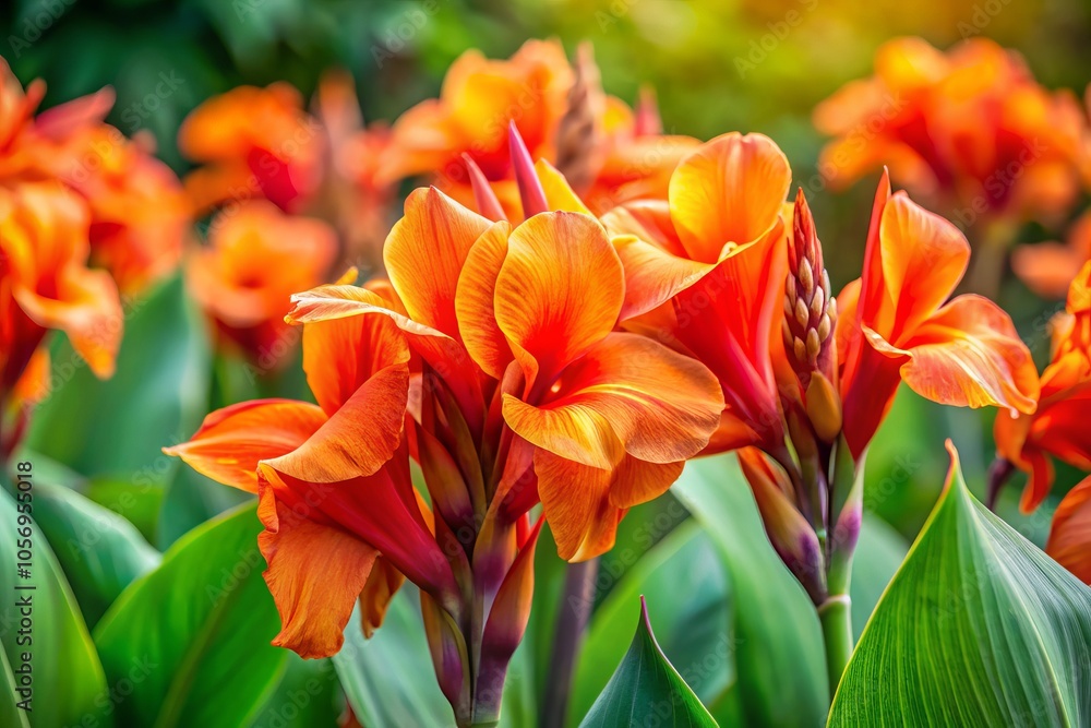 A striking close-up of vibrant orange canna lily flowers framed by vivid green foliage, perfect for nature lovers and gardening enthusiasts seeking inspiration and beauty. A striking close-up of vibrant orange canna lily flowers framed by vivid green foliage, perfect for nature lovers and gardening enthusiasts seeking inspiration and beauty.