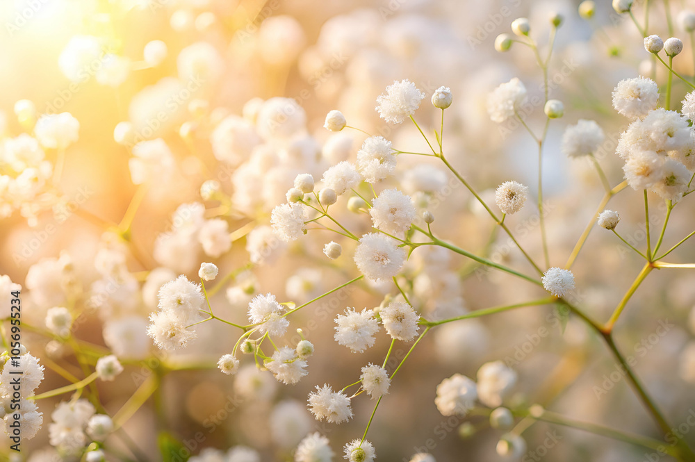A soft, dreamy backdrop filled with delicate white flowers illuminated by warm sunlight. A soft, dreamy backdrop filled with delicate white flowers illuminated by warm sunlight.