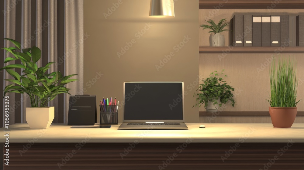 Fototapeta premium Modern workstation with a laptop, plants, and organized shelves. Perfect for creative and productive settings.