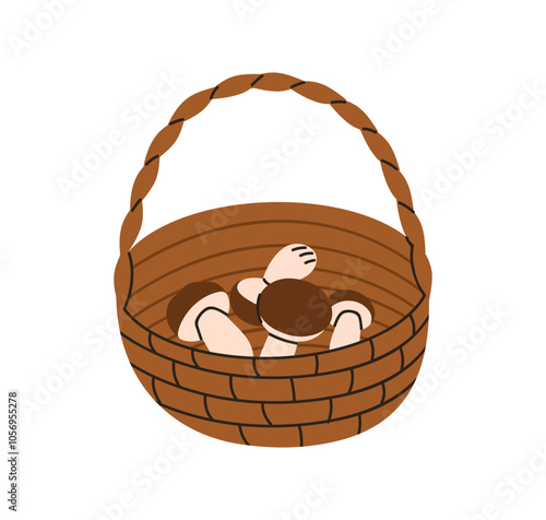 Autumn mushrooms in basket. Wicker with fresh picked edible fungi, boletus. Natural organic forest food, fall harvest. Seasonal fungus. Flat vector illustration isolated on white background