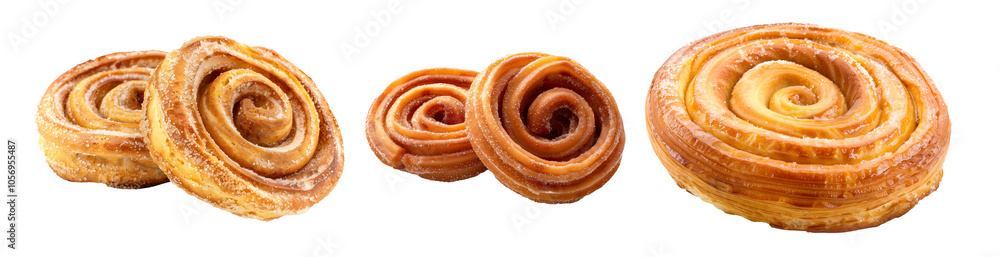Fototapeta premium Close-up of a freshly baked cinnamon roll with sugar on top isolated on white transparent background. Concept of bakery and desserts
